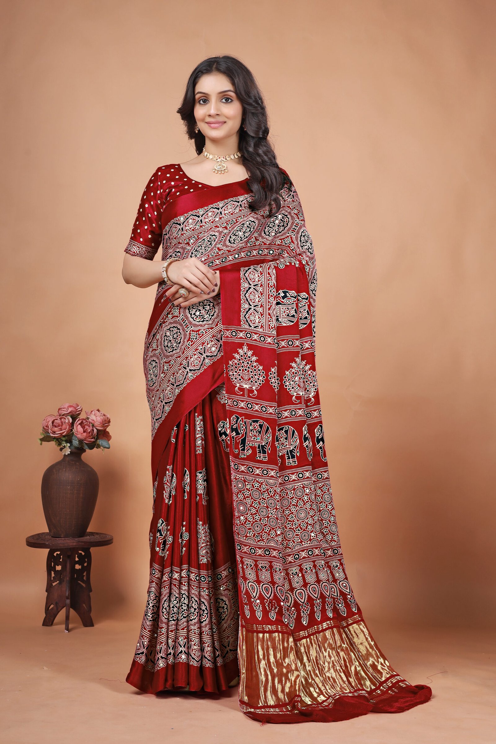 RED-AJRAKH MIRROR WORK SAREE