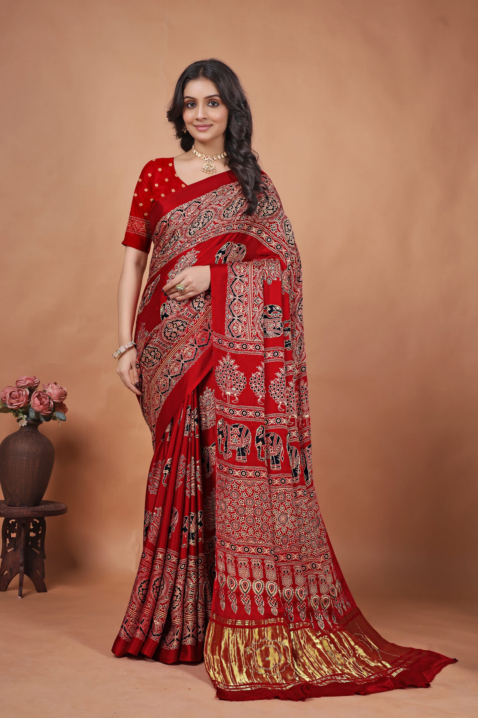 RED-AJRAKH MIRROR WORK SAREE