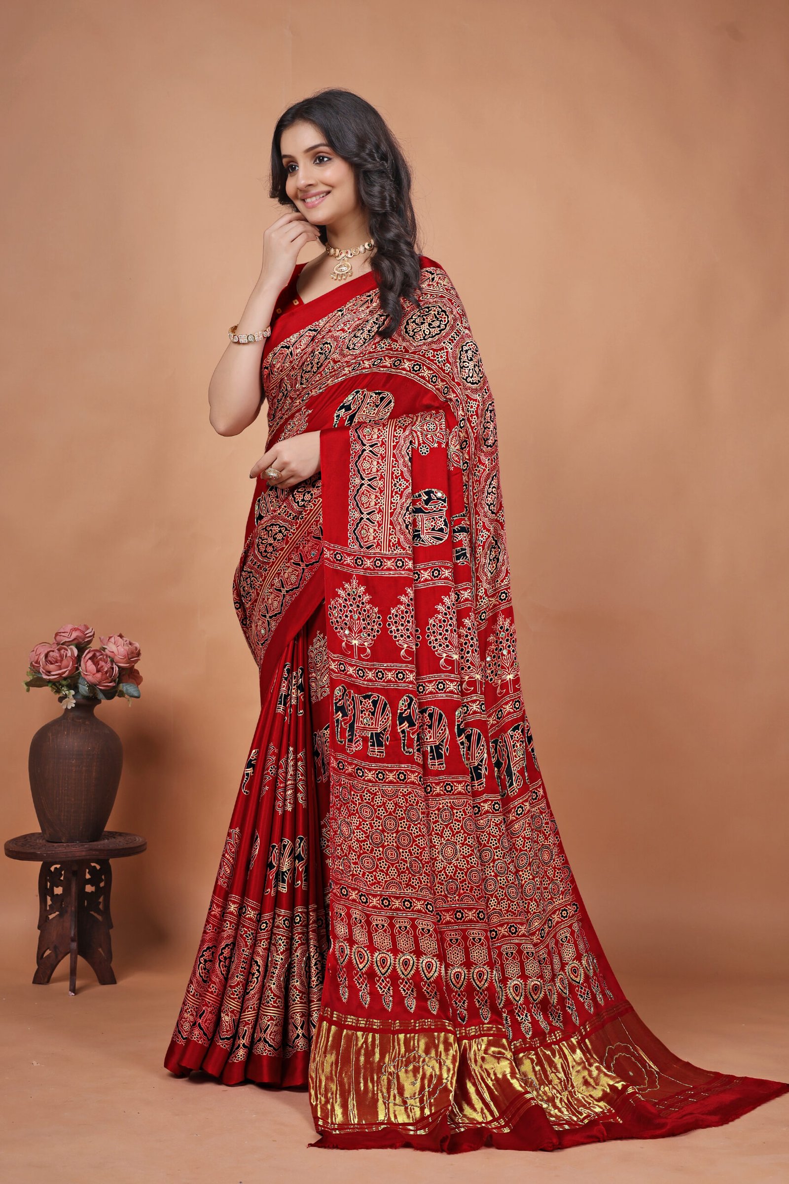 RED-AJRAKH MIRROR WORK SAREE