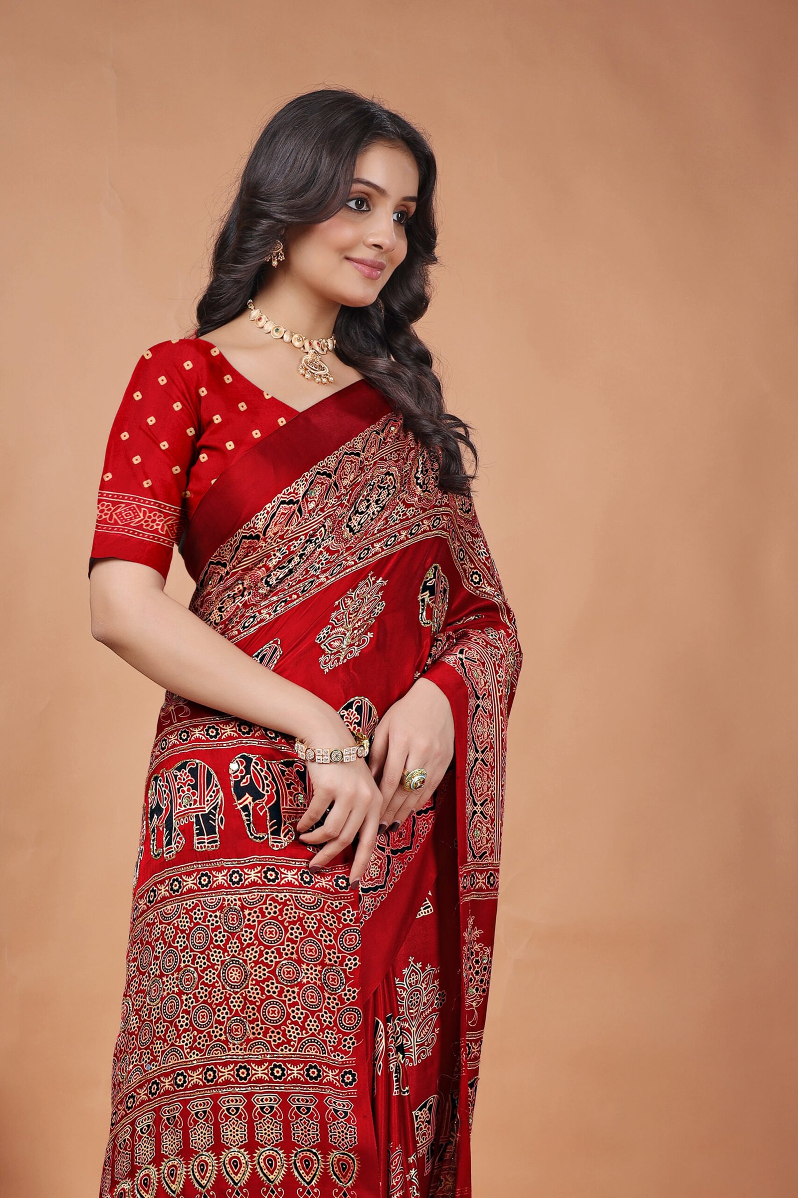 RED-AJRAKH MIRROR WORK SAREE